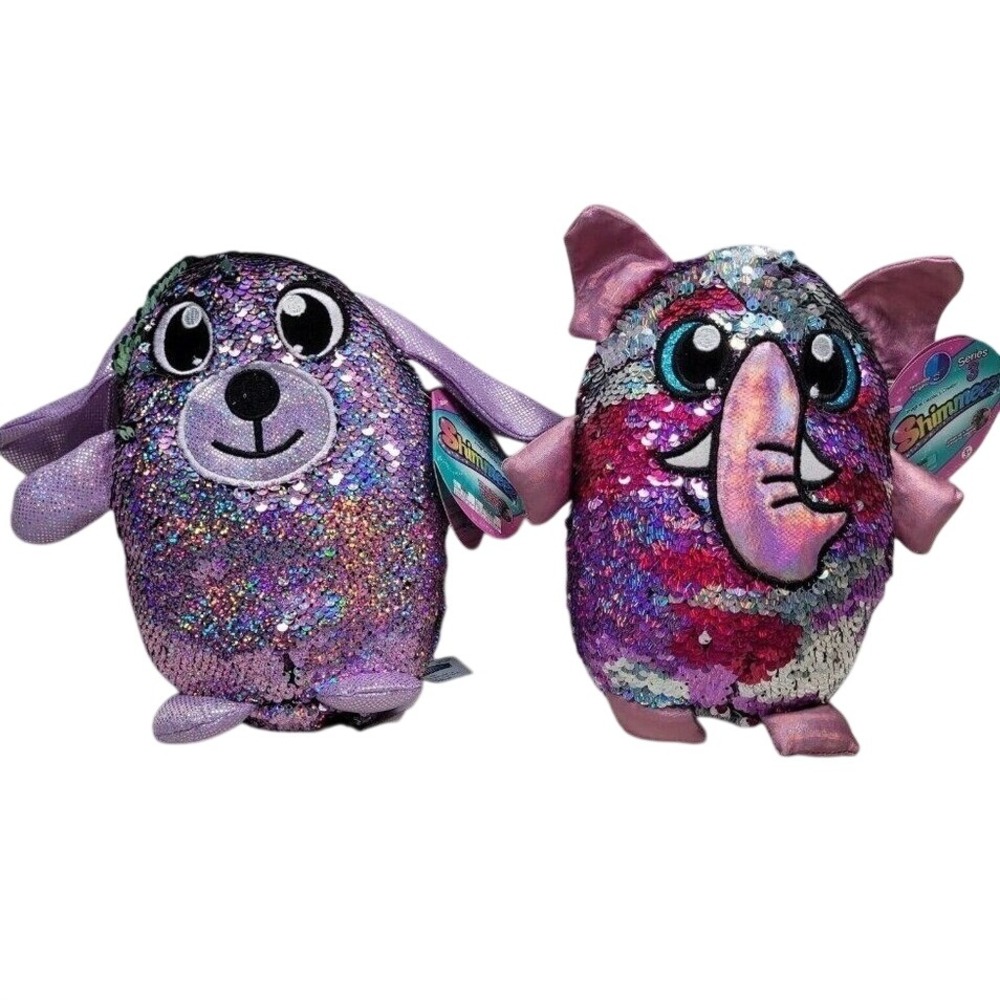 Shimmeez Sequin Plush Set Delilah Dog Elephant Purple Pink Series 3 Flip Sequins